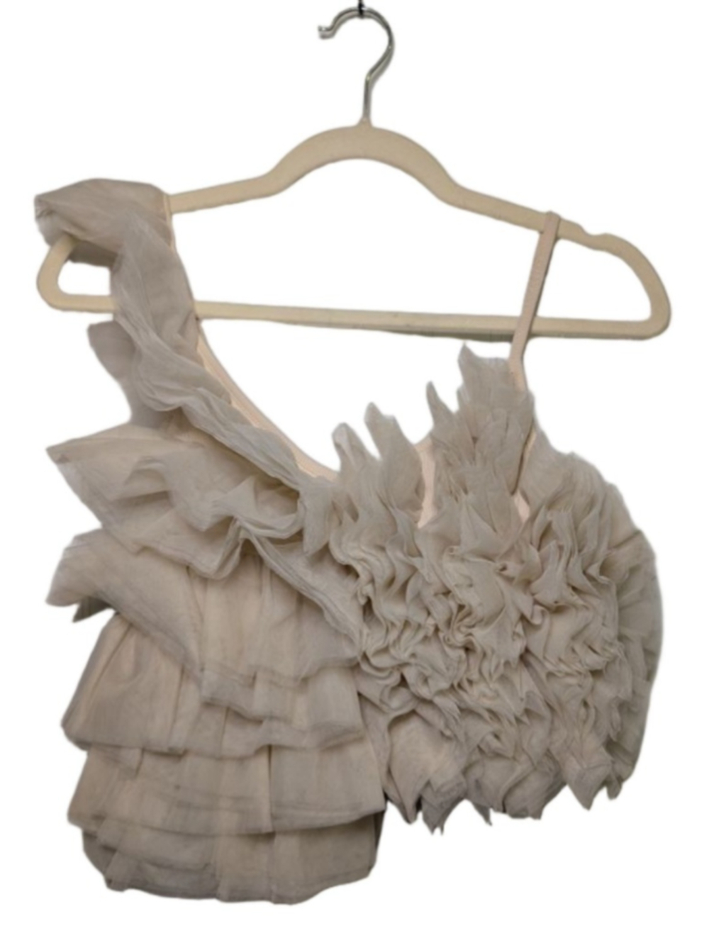 LAMARQUE Feleta Ruffled Tulle One Shoulder Crop Top Women's Beige Size Small